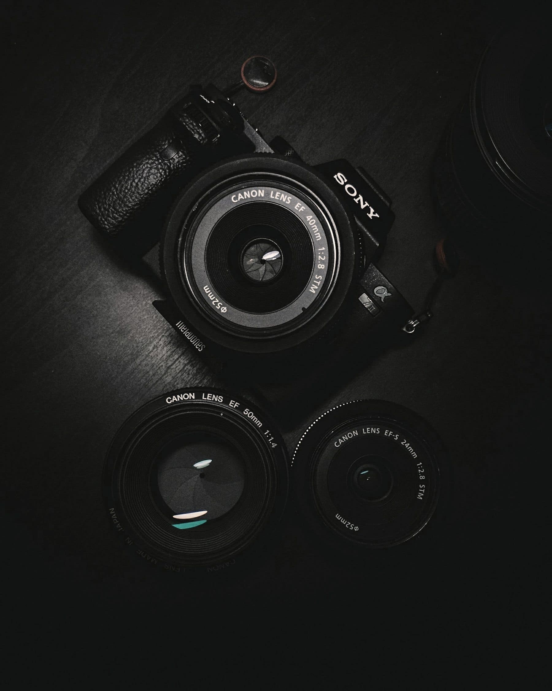 Camera and lenses laid out before a brand shoot